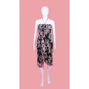 Y2K LAUNDRY SHELLI SEGAL Silk Layered Lily Floral Print Asymmetrical Dress. XS